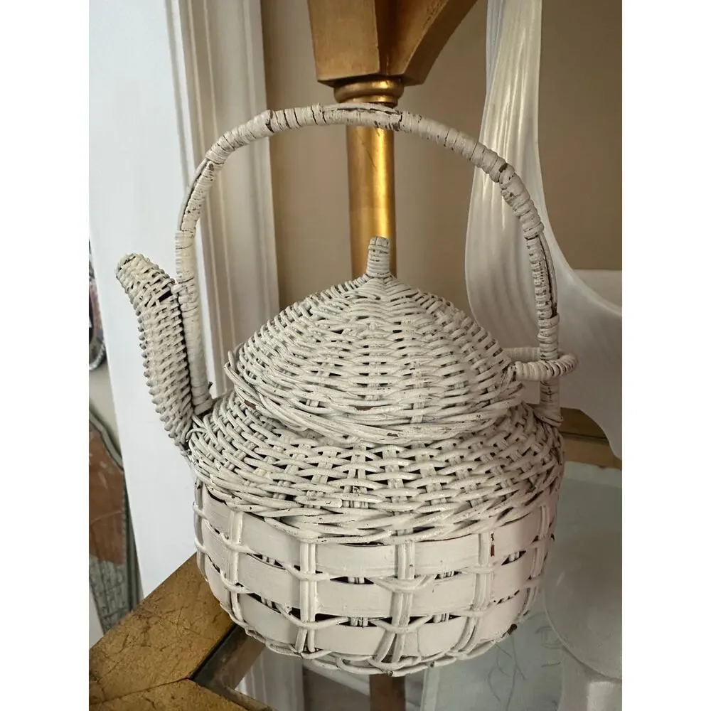 Vintage White Wicker Teapot Shape Basket Cottage Decor 6.5